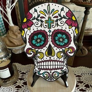 Colorful Sugar Skull with Cross Decor